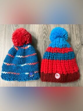 Bula Kids Winter Beanies With Pom Poms Thick Knit Fleece Lined Lot Of 2
